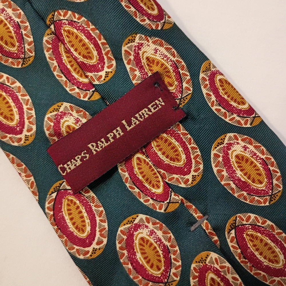 Vintage Chaps Ralph Lauren Tie Mens Green Geometric Medallion Print Silk Necktie